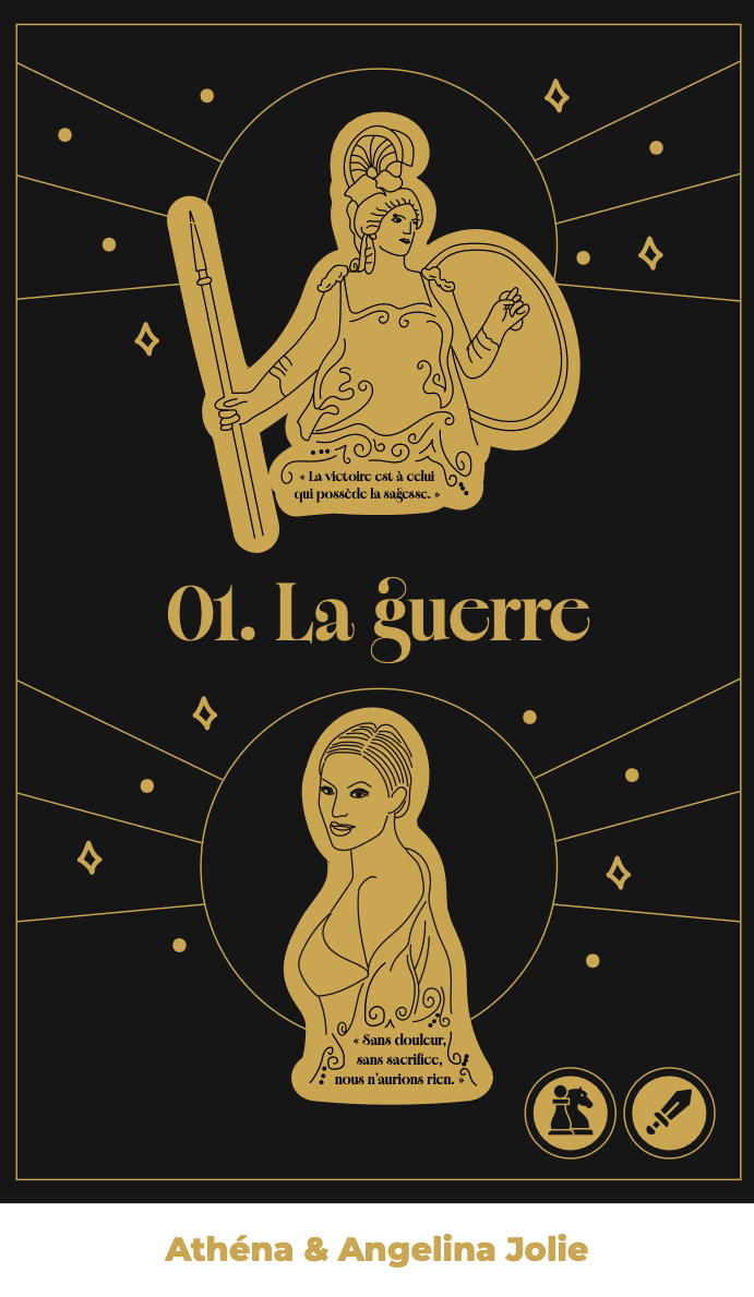 Carte oracle illustrée d’Athéna et Angelina Jolie, sur le thème de la guerre